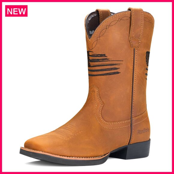 Men's Leather Cowboy Boots Square Toe Chunky Heel Mid-Calf Western